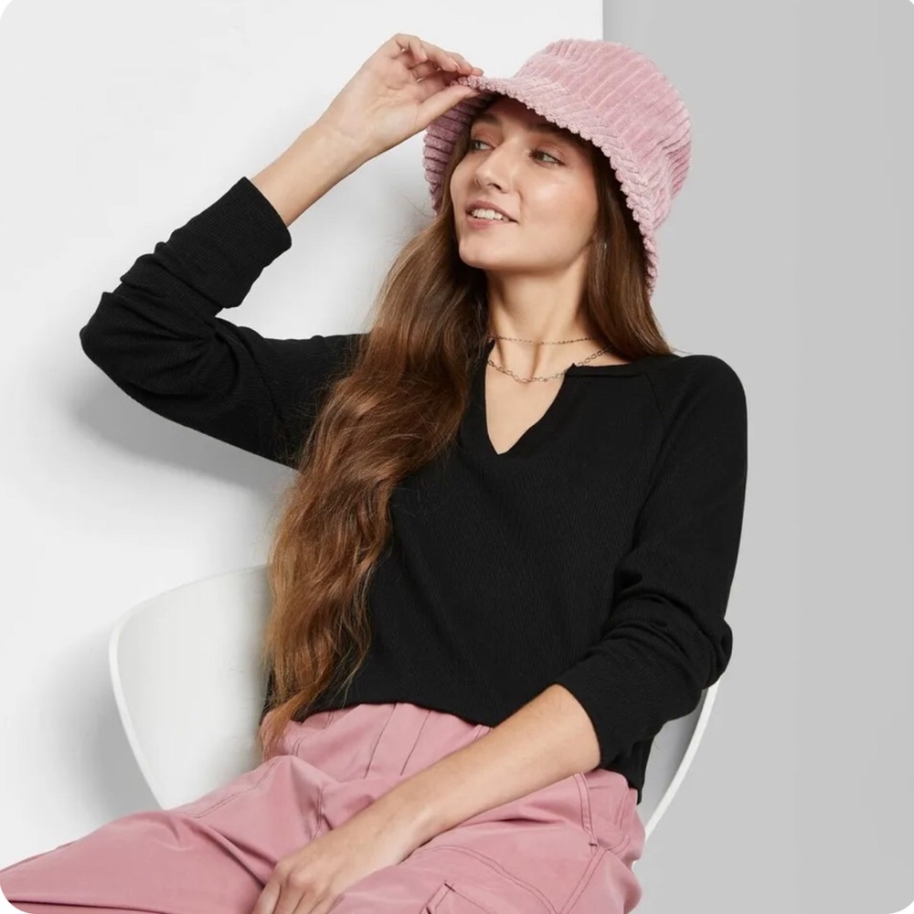 Wild Fable V-Neck Waffle Boxy T Shirt Long Sleeve Black